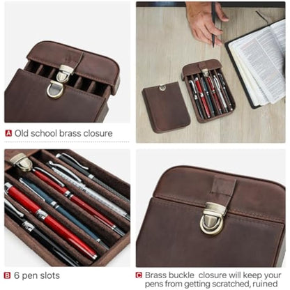 CONTACTS Leather Pen Case for 6 ountain pens, Brushes,Pencil Holder Display,Pen Protective Travel Sleeve,Old School Elegant Desk Accessory Organizer Box
