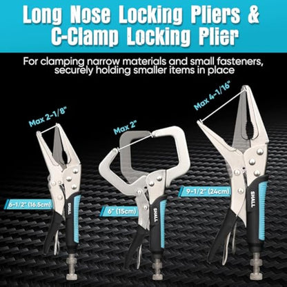 Shall 6-Piece Locking Pliers Set - 5", 7" & 10" Curved Jaw, 6-1/2" & 9-1/2" Long Nose, 6" C-Clamp - Two-Color TPR Handle, Roll Up Pouch Included