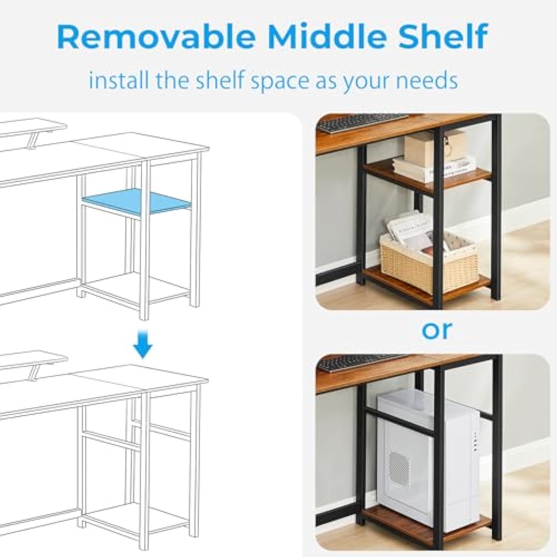 GreenForest Computer Desk with Monitor Stand,100cm Home Office Desk with Reversible Storage Shelves,Study Desk for Small Spaces,Brown