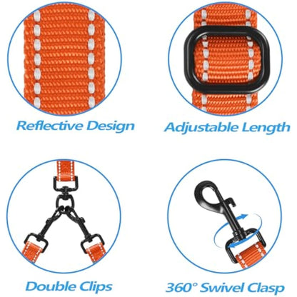 PetBonus Double Dog Leash, No Tangle Dual Leash, Reflective Walking Training Lead, 4 Comfortable Padded Handles for 2 Dogs with Collapsible Bowl and Waste Bags (Orange, Large)