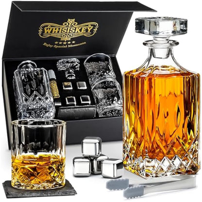 WHISISKEY - Whiskey Decanter Set - 700ML Classic Carafe - Whiskey Gift Sets for Men - Whisky Set - Glass Gifts for Men - Inc. 2 Whiskey Glasses, 4 Whiskey Stones, Accessories