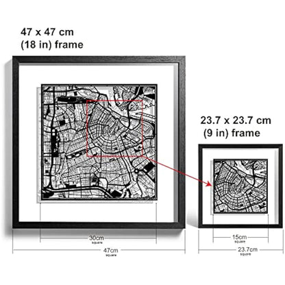 O3 DESIGN STUDIO Amsterdam Marco de Papel para mapas, Black map, Black frame, 9x9 inches, Gift Boxed, 2 background color, self-changing, Paper Art