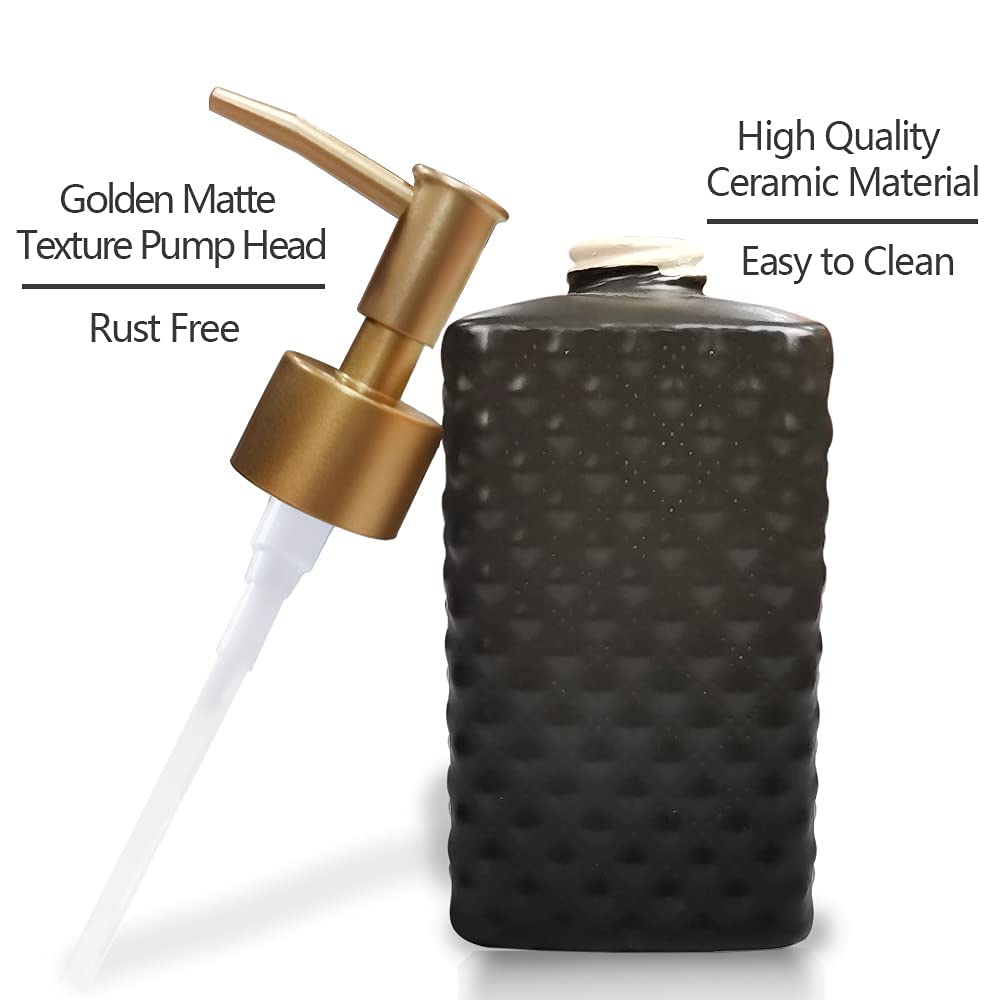Gold Soap Dispenser, Ceramic Lotion Pump Bottle with Vintage Emboss(Black)