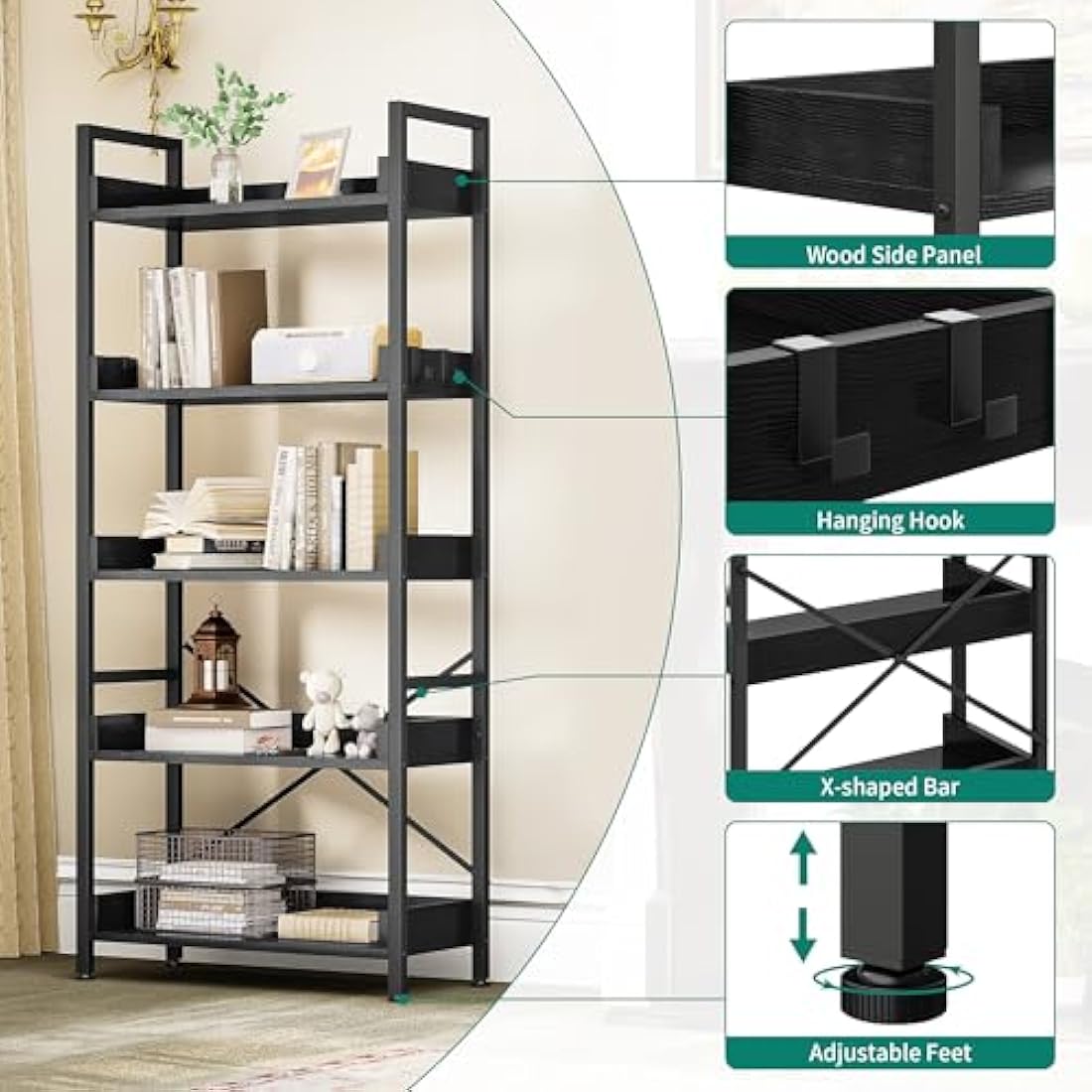 YITAHOME Bookcase 5 Tiers, Floor Standing Book Shelf, Wooden Shelves and Stable Steel Frame Shelving Units with 4 Hooks Industrial Storage for Living Room, Home Office, Black Bookcases