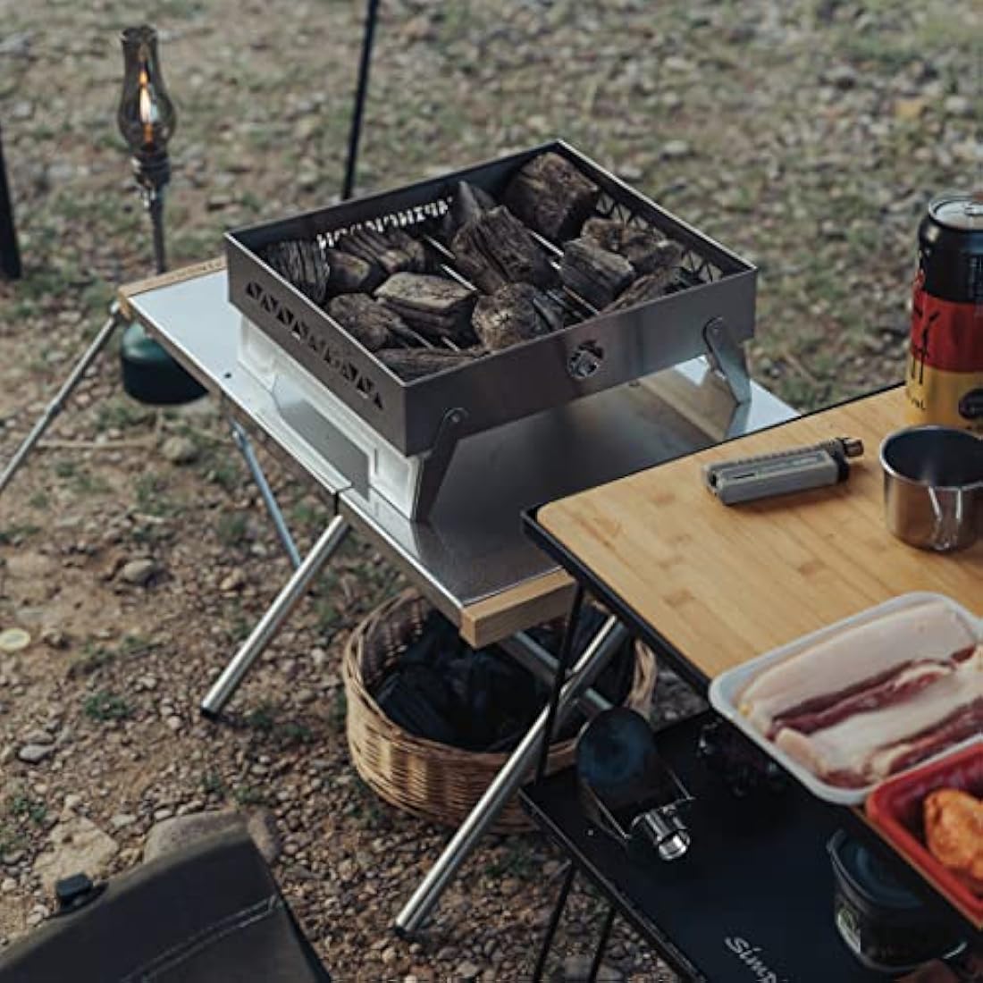 CAMPINGMOON Camping Side Table Heat-Resisting Stainless Steel Embossing Process for Outdoor Table Top Grill with Carrying Bag T-370