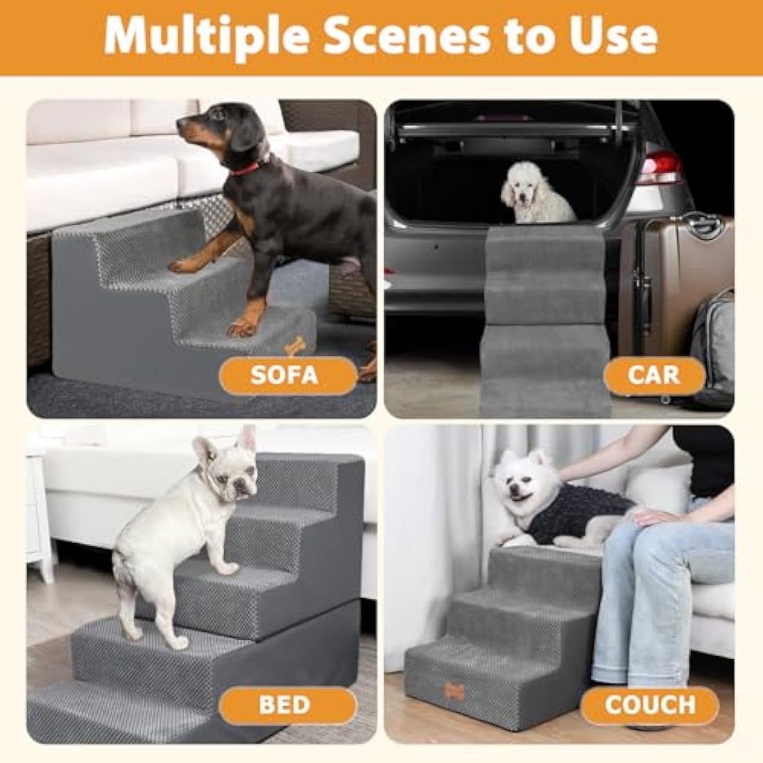 Nepfaivy Dog Steps Stairs for Bed - Non-Slip Pet Stairs for Small Dogs and Cats, 3-Steps Dog Ramp for Sofa with High Density Foam and Removable Cover, 45x40x34cm