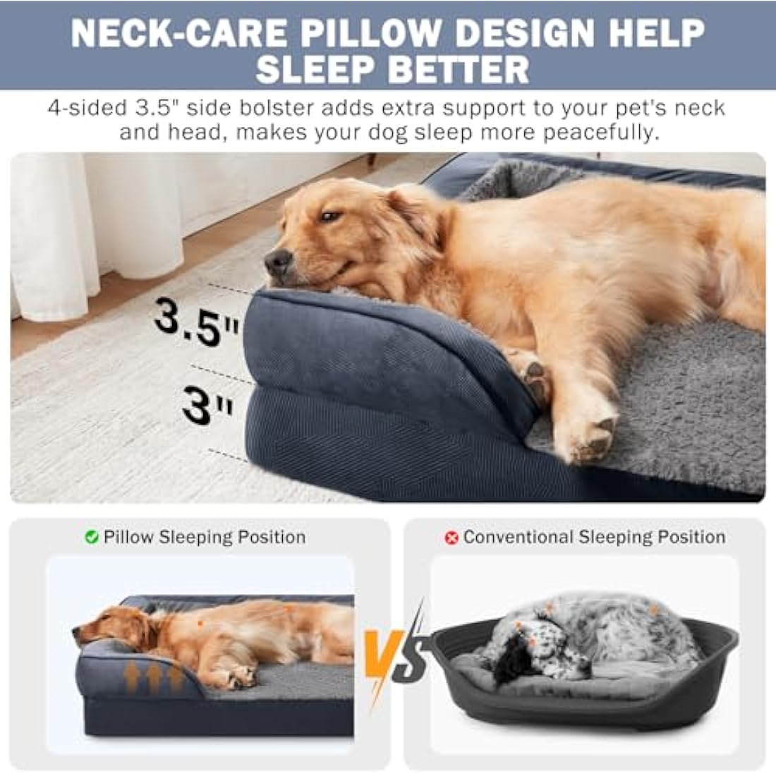 JOEJOY Extra Large Dog Bed, Orthopedic Memory Foam Dog Beds, Washable Dog Bed, Grey, Fits up to 90lbs, Good for Golden Retriever, Labrador，German Shepherd，Samoye，Rottweiler