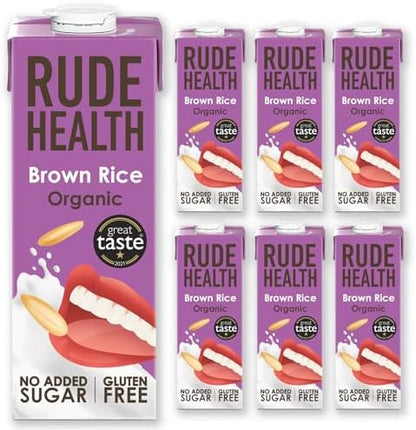 Rude Health 6 x 1 Litre Organic Brown Rice Dairy-Alt Milk, 100% Natural Organic Drink, Lactose Free, Dairy Free & Gluten-Free, Unsweetened, Award-Winning, Healthy & Vegan, 100% Recyclable Packaging
