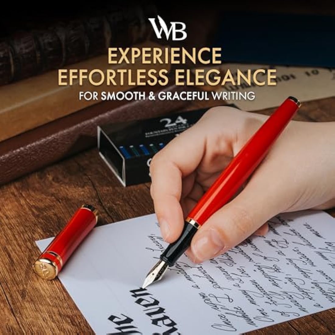 Wordsworth & Black Fountain Pen Set, 18K Gilded Broad Nib, Includes 24 Pack Ink Cartridges, Ink Refill Converter & Gift Box, Gold Finish, Calligraphy, [Crimson Red], Perfect for Men & Women