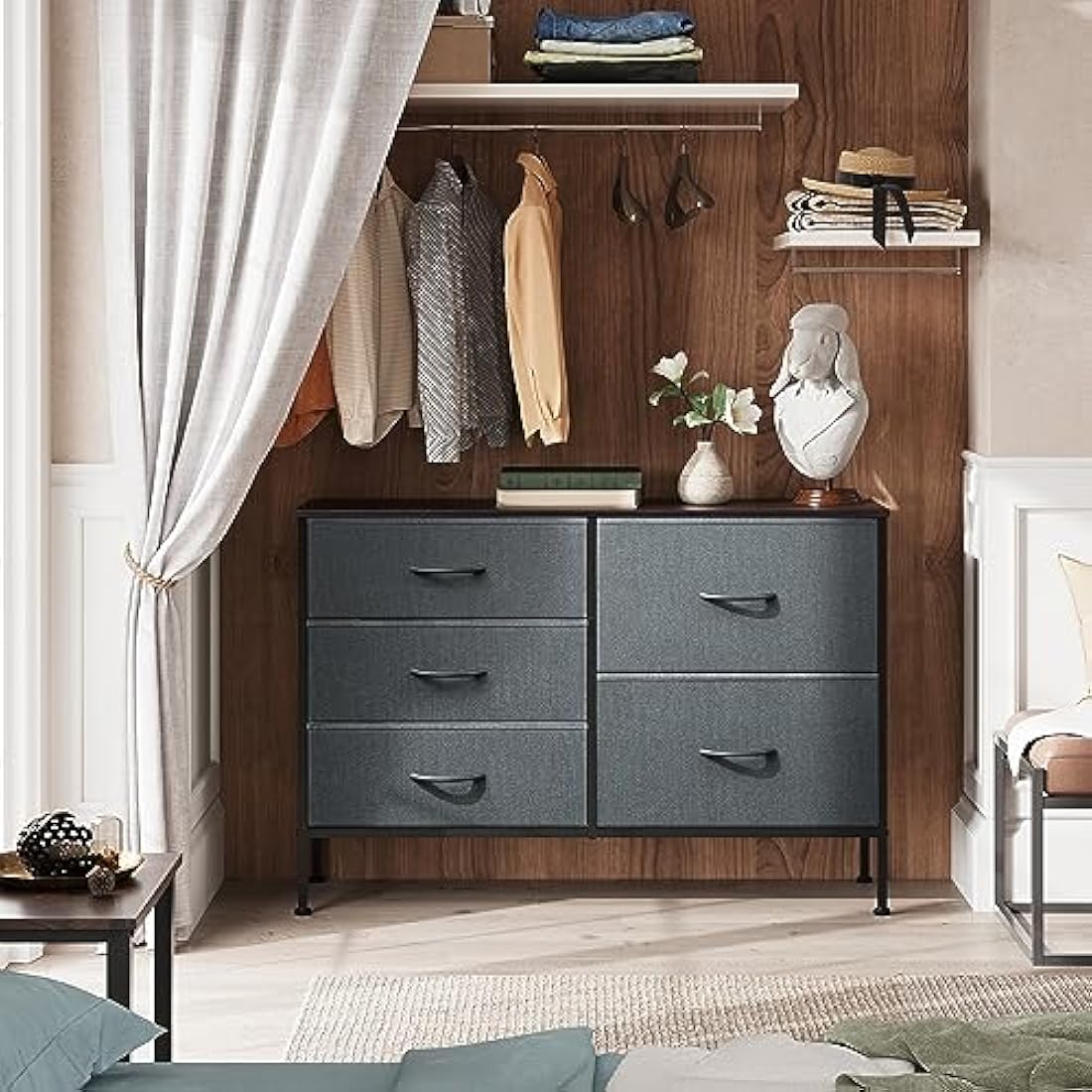 WLIVE Chest of Drawers, 5 Fabric Drawers Cabinet with Easy Pull Handle, Wood Top and Sturdy Steel Frame, Fabric Drawers Storage Unit for Bedroom, Living Room, Black Walnut