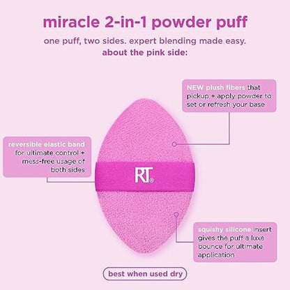 Real Techniques Miracle 2-In-1 Powder Puff, Dual-Sided, Full-Size Makeup Blending Puff, Reversible Elastic Band, Precision Tip Makeup Sponge and Powder Puff, For Liquid, Cream and Powder, 1 Count