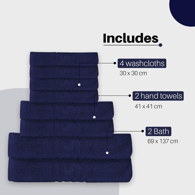 DTEX HOMES 8 Piece Towel Set 100% Egyptian Cotton 500 GSM, 2 Bath Towels, 2 Hand Towels, 4 Washcloths - Navy Blue