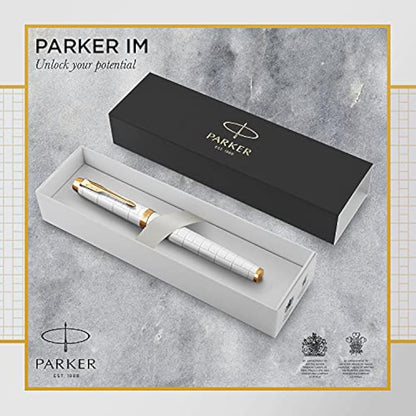 Parker IM Fountain Pen | Premium Pearl Lacquer with Gold Trim | Fine Point with Blue Ink Cartridge | Gift Box