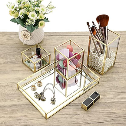 Tolida Gold Glass Combined Cosmetic Box with Stackable Makup Brush Holer and Jewelry Tray, Cosmetic Brush Eyeliner Display, Pen Pencil Holder with Mirrored Vanity Tray for Dresser Bathroom Bedroom