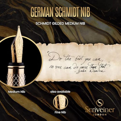 Scriveiner Luxury Fountain Pen - Stunning Gold Pen, Real Gold Plating, Schmidt Gilded Nib (Medium), Converter, Best Pen Gift Set for Men & Women, Professional, Executive, Office, Nice Pens