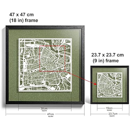 O3 DESIGN STUDIO Amsterdam Marco de Papel para mapas, White map, Black frame, 9x9 inches, Gift Boxed, 4 background color, self-changing, Paper Art