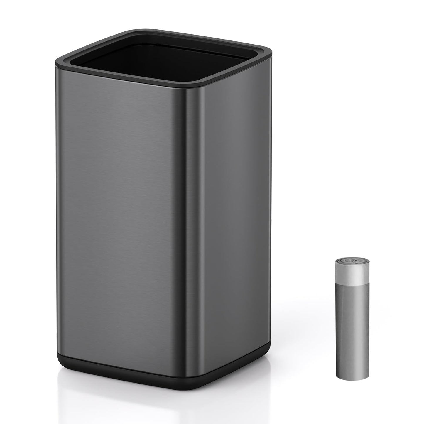 Mbillion Open Top Trash Can, Stainless Steel Waste Bin with Removable Inner Basket， Small Metal Garbage Basket for Modern Bathroom, Office (Black, 9L)