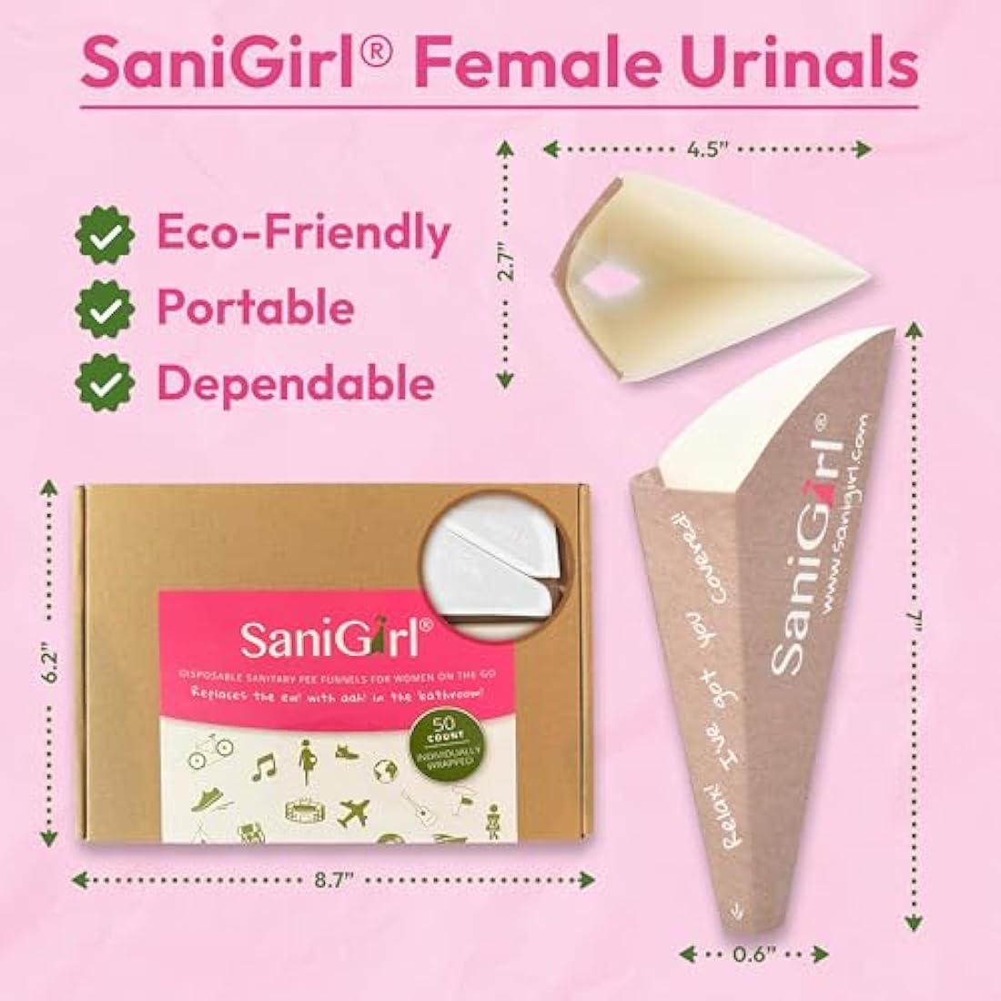 SaniGirl Female Urinal | Female Urination Device | Portable Urinal | Hiking Camping Accessories | Festival and Travel Essentials Women | Disposable She Pee | Wee Standing Up | Female Urinal Funnels