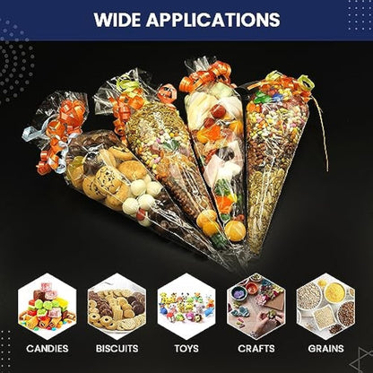 Sweet Cone Bags with Twist Ties and Ribbons, 100Pcs Cellophane Crystal Clear Sweet bags, Triangle Sweet Party Cones Bags Perfect for Halloween, Christmas and many more (16x30cm - Pack of 200)