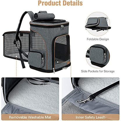 Lekesky Expandable Cat Carrier Backpack - Portable Breathable Rucksack for Medium and Small Cats & Dogs, Foldable with Inner Escape-proof Leash and Pet Mat, Supports 25 lbs (Grey)