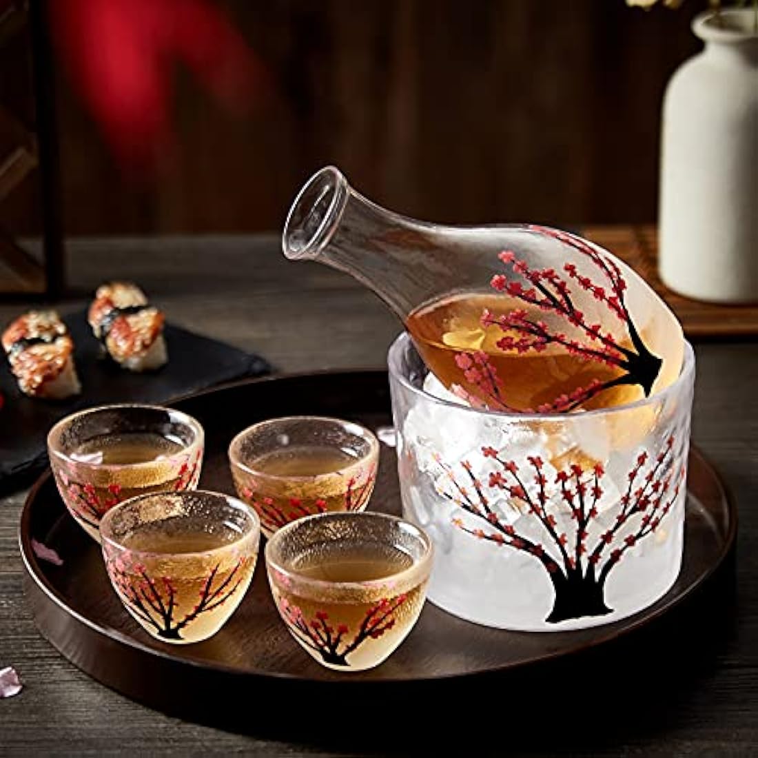 DUJUST Japanese Sake Set for 4, Handcraft Pink Cherry Blossoms Design, 1 Sake Bot