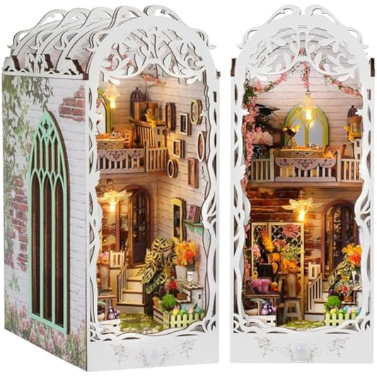 CRIOLPO Book Nook Kit with LED Lights, DIY Miniature House Kit Dolls House Kit, 3D Wooden Puzzle Bookend Booknook Book Shelf Decoration Gift for Teens Adults