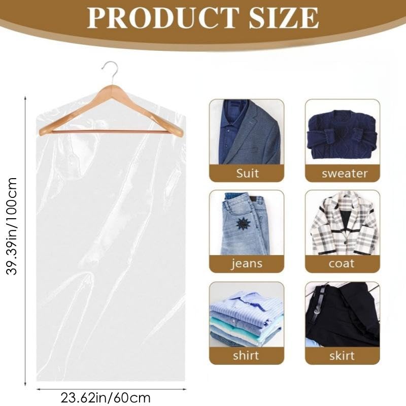 20 Pack Plastic Clothes Covers, 60*100cm/60*140cm Dry Cleaning Bags, Clear Clothes Bags Hanging, Garment Bags