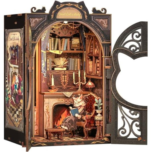 CUTEBEE Book Nook Kit-DIY Miniature House Kit for Adults,Dollhouse Bookshelf Decor 3D Wooden Puzzle Bookend Craft Model Kits for Adults to Build Gift(Count Cat's Study)