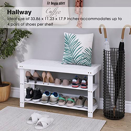 SMIBUY Bamboo Shoe Rack Bench, 3-Tier Shoe Organizer Storage Shelf for Entryway Hallway Bathroom Living Room (White)