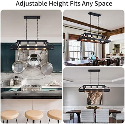 WUZUPS 4-Light Metal Pot Hanging Rack Chandelier Linear Pendant Ceiling Lighting Rustic Farmhouse Fixture Kitchen Island Dining Room, H25 x L88 x W30, E27 Base, Black
