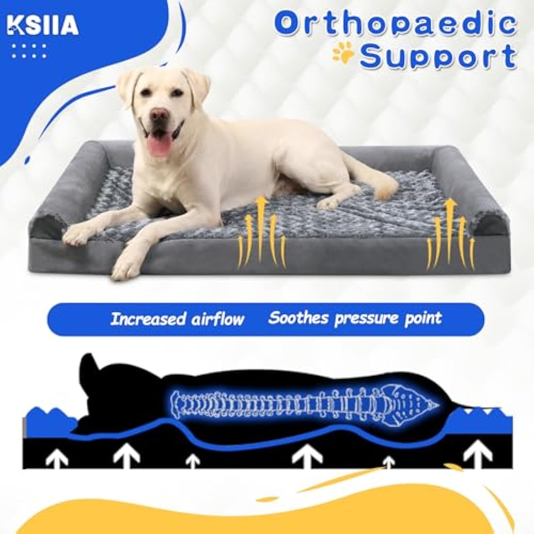 KSIIA Extra Large Dog Bed, XXL Orthopedic Dog Sofa Bed with Removable Washable Cover, Waterproof, U-Shape Bolster, Grey 121x76x18cm