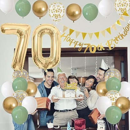 70th Birthday Decorations for Men Women - Sage Green White Gold Balloons with Happy Birthday Banner, Cake Decoration, Number 70 Balloon for Year Old Party Decor