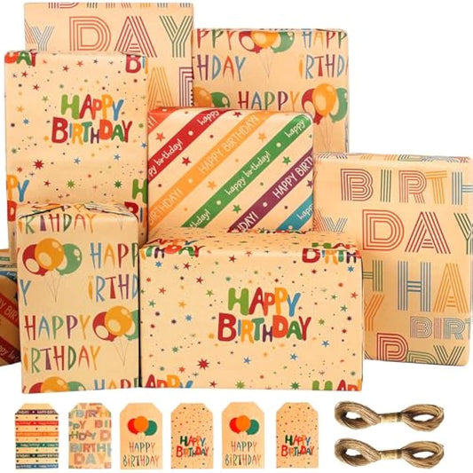 Kraft Birthday Gift Wrap Set with Balloon Star Happy Birthday Paper, Tags, String - Present Wrapping Paper Sheets for Boy, Girl, Women, Men