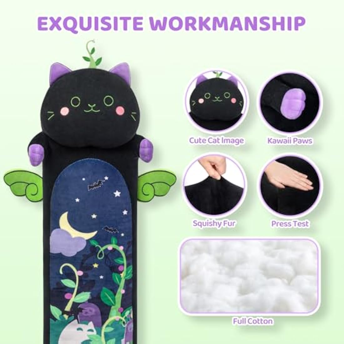 Mewaii 51in Long Devil Mint Cat Plush Pillows Stuffed Animals Squishy Pillows - Plushie Cute Kitty Sleeping Hugging Plush Pillow Soft Toys for Kids(Black)