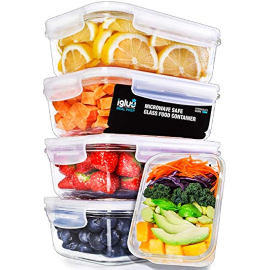 Igluu Meal Prep Glass Containers with Air Vents Lids 5 Pack Rectangle 840ml 28oz BPA-Free Meal Prep Containers Reusable – Borosilicate Glass, Oven Safe
