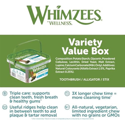WHIMZEES By Wellness Variety Box Dental, Mixed Shapes, Size S, 56 Pieces, Natural and Grain Free Dog Chews, Dog Dental Sticks for Small Breeds, No Added Sugar
