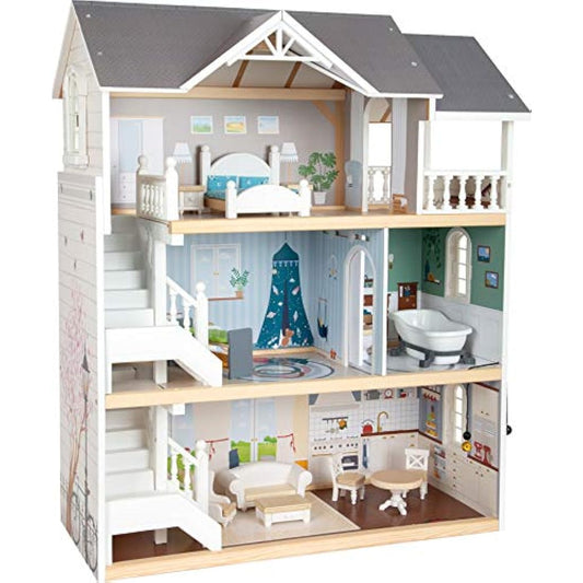 Small Foot 11802 Wooden Doll's House with 3 Floors, Open Front and Extensive Furniture, from 3 Years Toys, White Grey, 82 x 51.1 x 15 cm