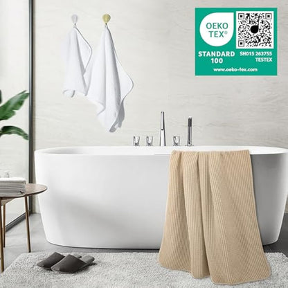 POLYTE Microfibre Oversize, 76 x 152 cm, Quick Dry Lint Free Bath Towel Set, 6 Piece (White,Beige, Waffle Weave)