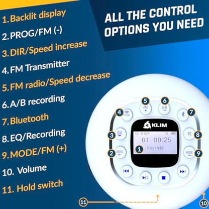 KLIM Journey - Portable CD Player with Long-Lasting Battery - New - w/Headphones - Radio FM - Compatible MP3 CD Player - SD Card, FM Transmitter, Bluetooth - Ideal for Cars - White
