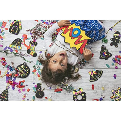 VEYLIN 48 Pieces Christmas Scratch Art Hanging Decorations, Christmas Scratch Papers with 48 Pieces Ribbons for Kids Party Bag Fillers