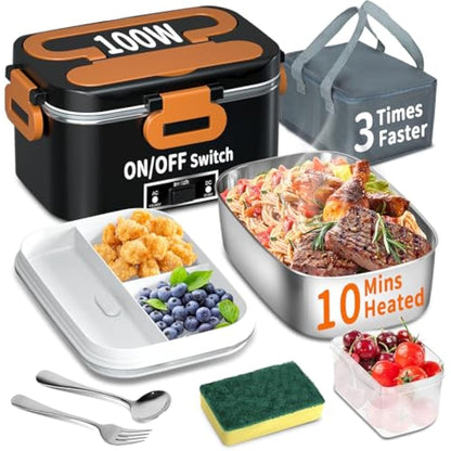 SOOOEC Electric Heated Lunch Box 100W - 3-in-1 1.8L Super Fast Portable Lunch Boxes Food Heater for Adults,12V/24V/110-220V Heating Lunch Box for Car Truck Office Home (Orange&Black)