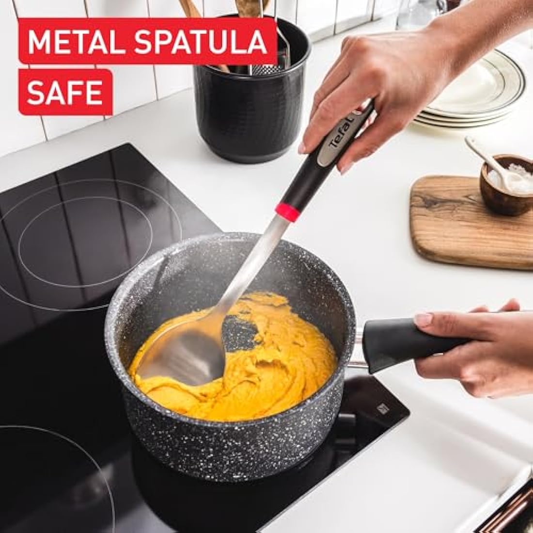 Tefal Titanium Stone Induction Non-Stick 5pc Set: Saucepan 16/18/20 + lids, Frying pan 24/28cm, High-Performance Non-Stick Coating, Metal Safe, All Hobs Including Induction, Thermo-Signal, E105S545