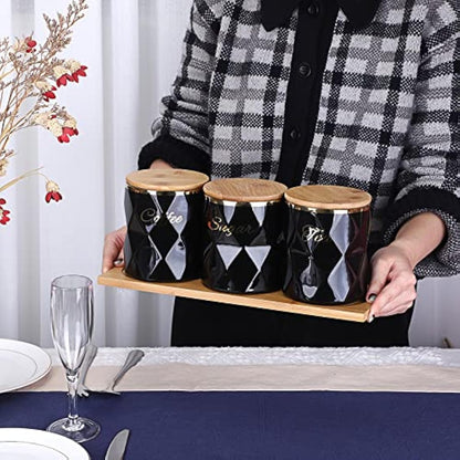 BTSKY Black Ceramic Sugar Coffee Tea Canisters with Lid and Tray - Airtight Set of 3 Storage Canisters Food Storage Containers Pots Jars with Bamboo Lid for Kitchen Counter