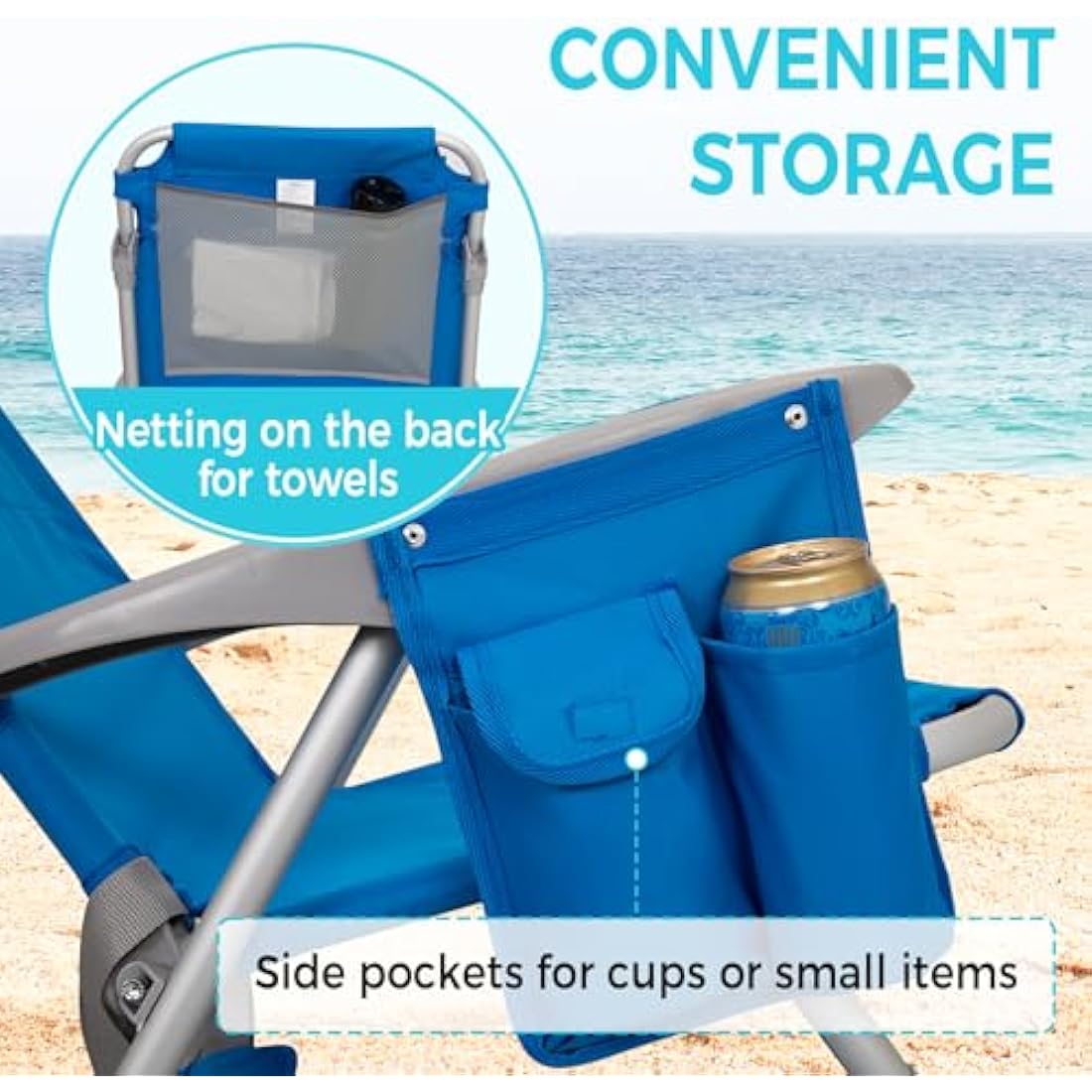 #WEJOY 4-Position Adjustable Beach Chair for Adults, Folding Low Camping Chairs Aluminum Lightweight & Portable, High Back Pillow Pocket Outdoor Reclining Garden Chair