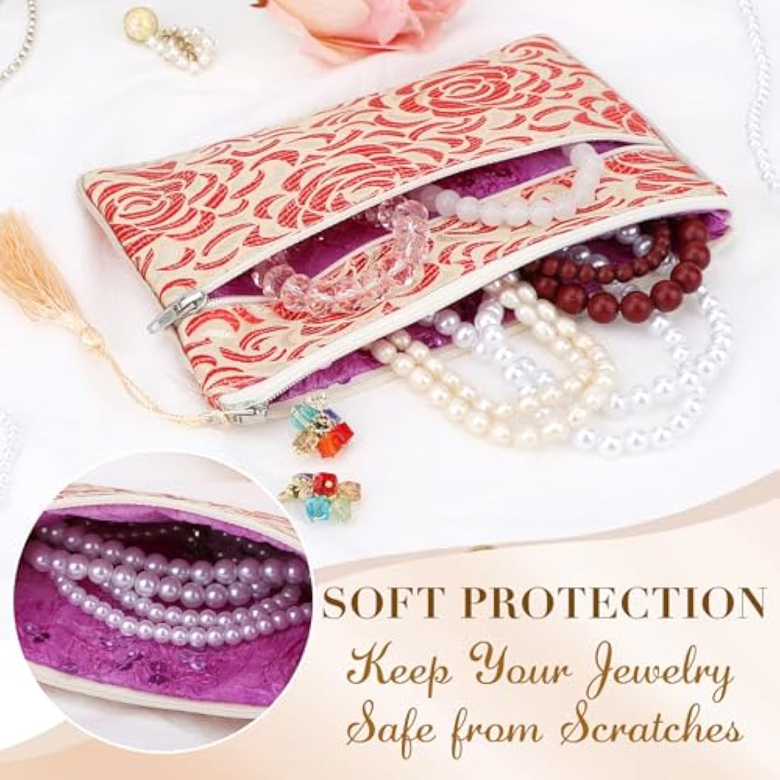 kilofly Chinese Silk Brocade 2 Zipper Pockets Tassel Jewelry Pouch Bag, Set of 2