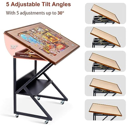 Lavievert Jigsaw Puzzle Tables with Cover and 5 Adjustable Angles, Double-sided Puzzle Board Easel with Auxiliary Line, Wooden Tilting Board with Storage Shelf & 4 Rolling Wheels for Up to 1500 Pieces