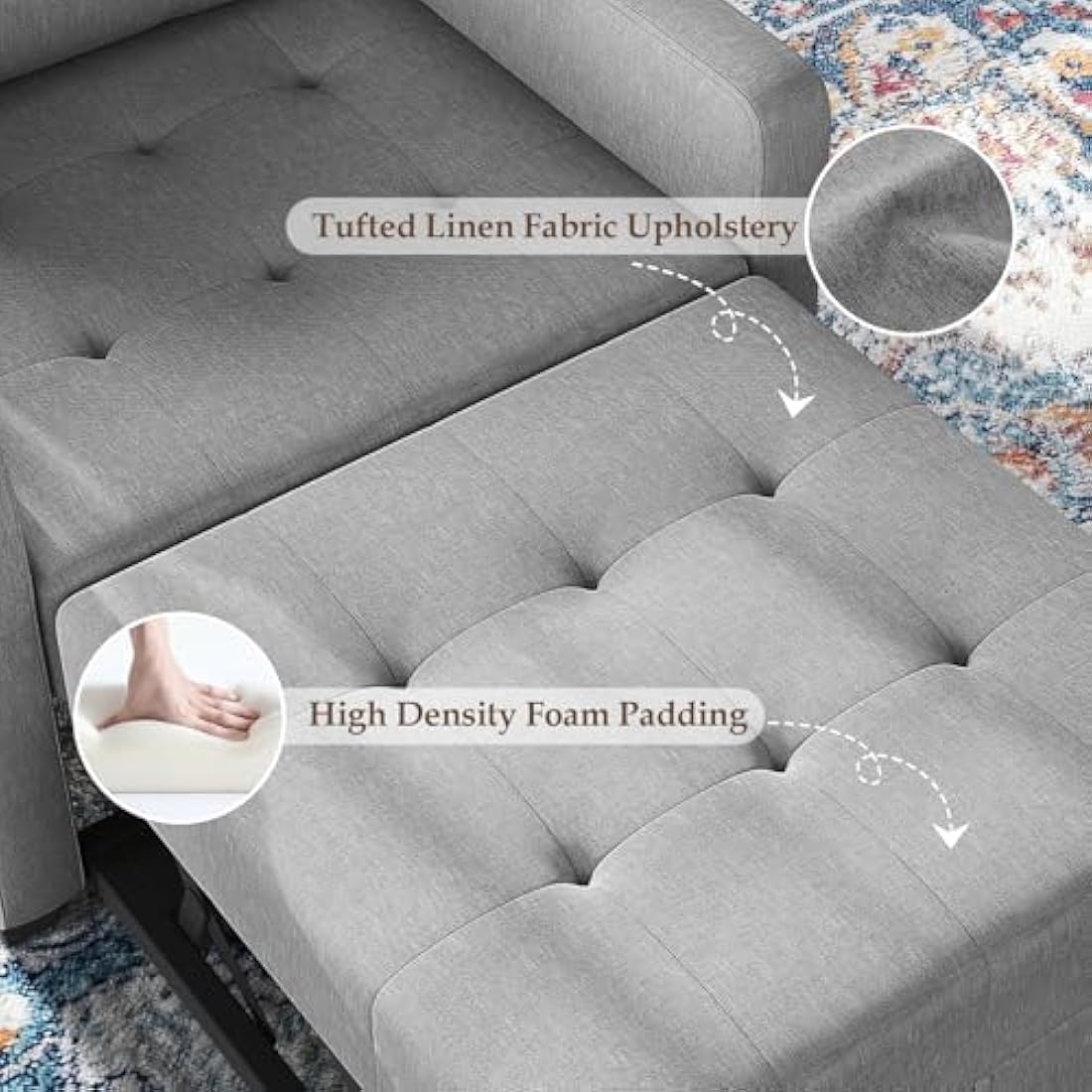 Vesgantti 3 in 1 Sofa Bed Light Grey, Convertible Sleeper Chair Bed with Adjustable Backrest, Fabric Single Sofa Bed Chair with Side Pockets, Foldable Sofa Bed, Pull Out Sofa Bed for Living Room