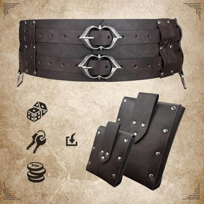 EpicCos 3PCs Medieval Fanny Pack Accessory Set, Renaissance Fanny Pack, Vintage Viking Wide Belt for LARP Events (Brown A)