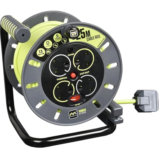 Masterplug Pro-XT Four Socket Open Cable Reel Extension Lead with Winding Handle, Thermal Cut Out and Power Switch, 25 Metres High Visibility Cable , Green