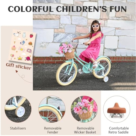 Glerc Little Molly 16 Inch Kids Retro Girls Bike for 2-13 Year Old with Wicker Basket & Stabilisers/Kickstand, Multiple Colors